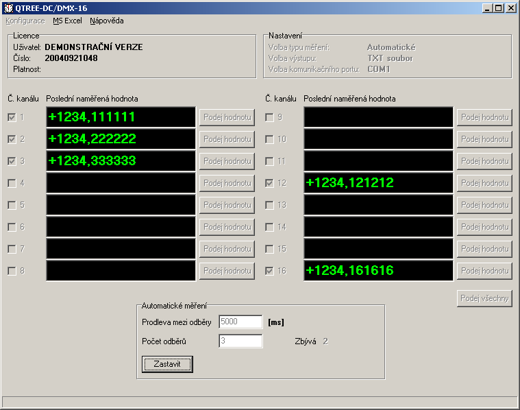 Hlavní okno aplikace QTREE-DC/DMX-16 v režimu automatického měření